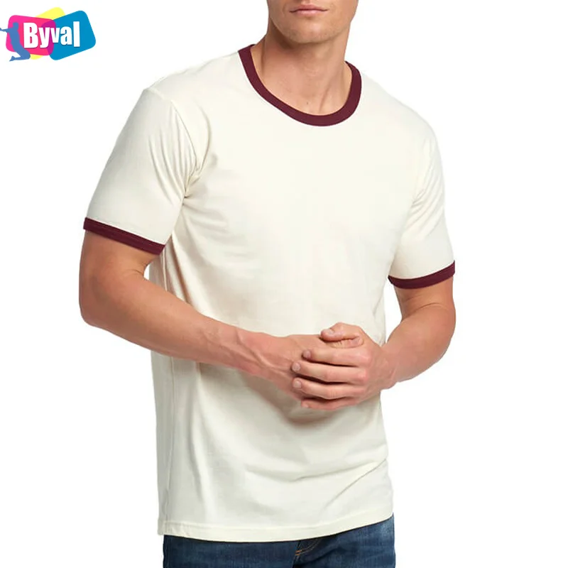 ODM Promotion 100% Cotton 180GSM Custom Silk Screen Printed Logo Design Men White Short Sleeve T-Shirt with Contrast Trim