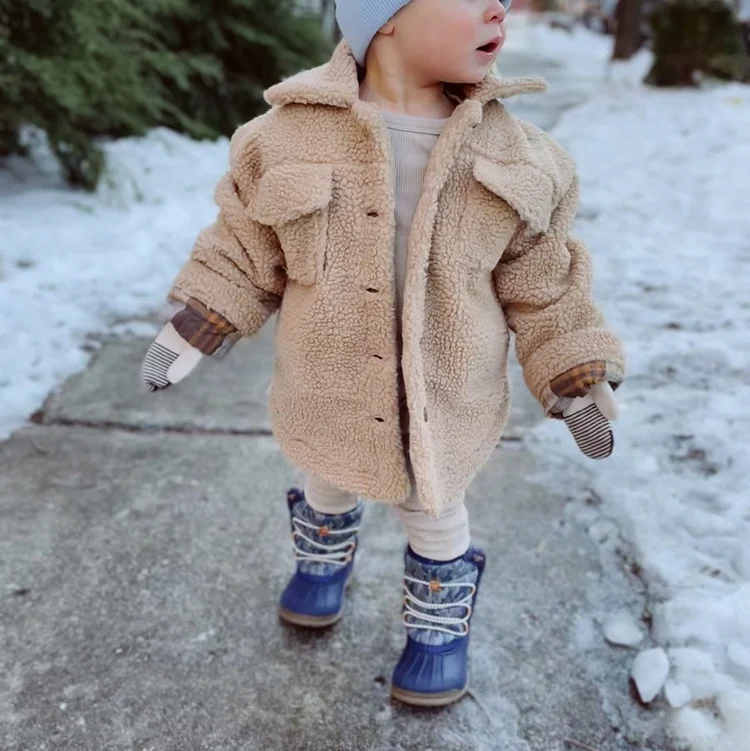 Custom Fleece Jacket Brown Woolen Jacket For Boys Flannel Lining Outerwear Warm Coat Kids Jacket