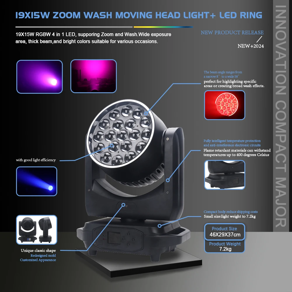 Wholesale 19X15W Zoom LED Moving Light RGBW 4in1 Dj Disco Stage Party Lights LED Pixel DMX Moving Head Wash Light