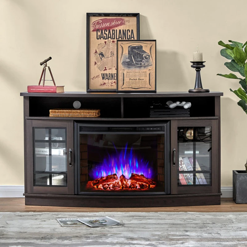 Mid century modern electric fire place curved tv stand with fireplace led lights for living room 65 inch