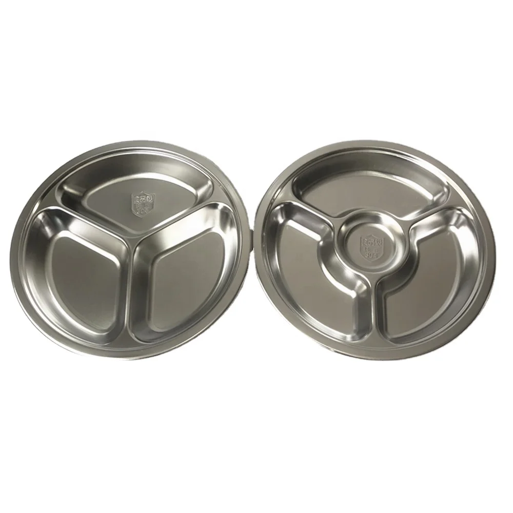 
Best Round Divided Plates 304 Stainless Steel Compartments Sections Food Grade Metal Plates For Kids Camping Lunch 