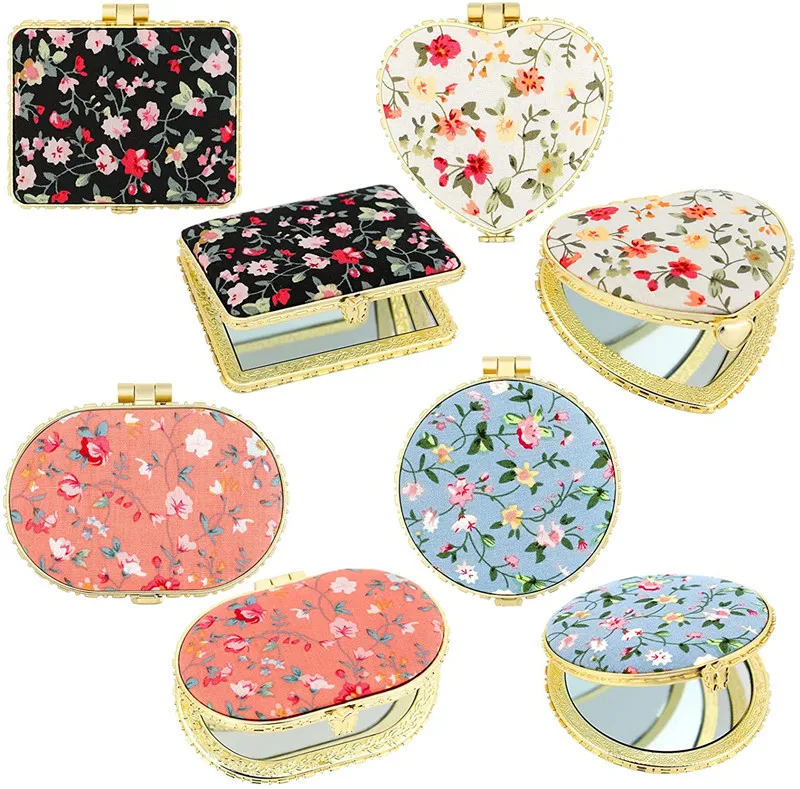 Floral Pocket Mirrors Retro Handbag Mirrors Vintage Makeup Compact Mirrors Cloth Flowers Folding Mirrors