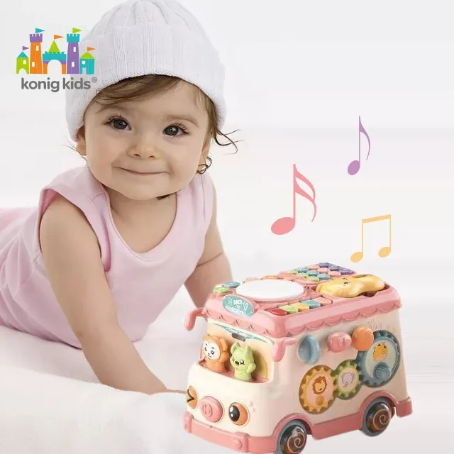 Konig Kids Multi functional  Cute Pink And Green Activity Musical Bus Toy For Baby Early Educational Early Learning Toys