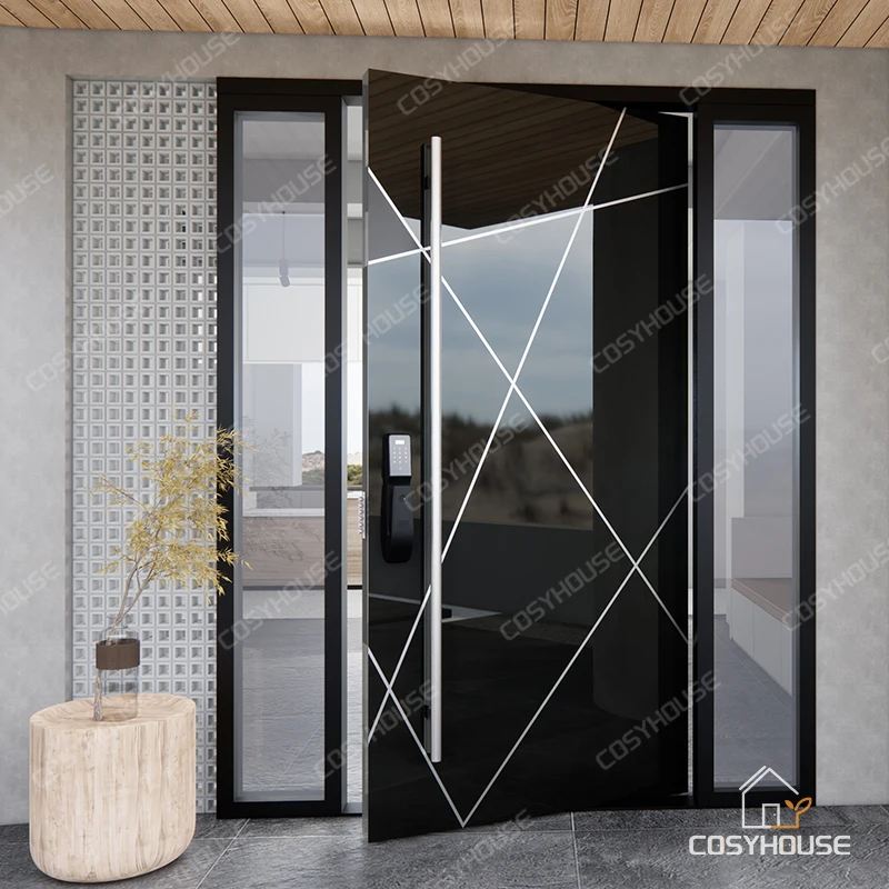 Mirror effect anti-burglar pivot single steel door design steel door for home main entrance exterior front door with side light