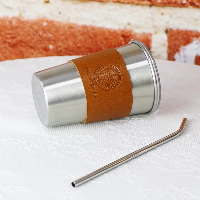 Wholesale printed logo single layer leather cover industrial style outdoor camping stainless steel coffee cup