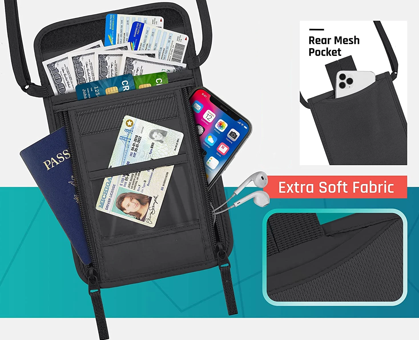 Wholesale Waterproof RFID Blocking Black Travel Passport Holder Slim Passport Wallets Neck Pouch ID Card Wallet Bag