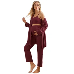Maternity Nursing 3 Pack Solid Rib-knit Button Robe Set Pregnant Women Pajama Set
