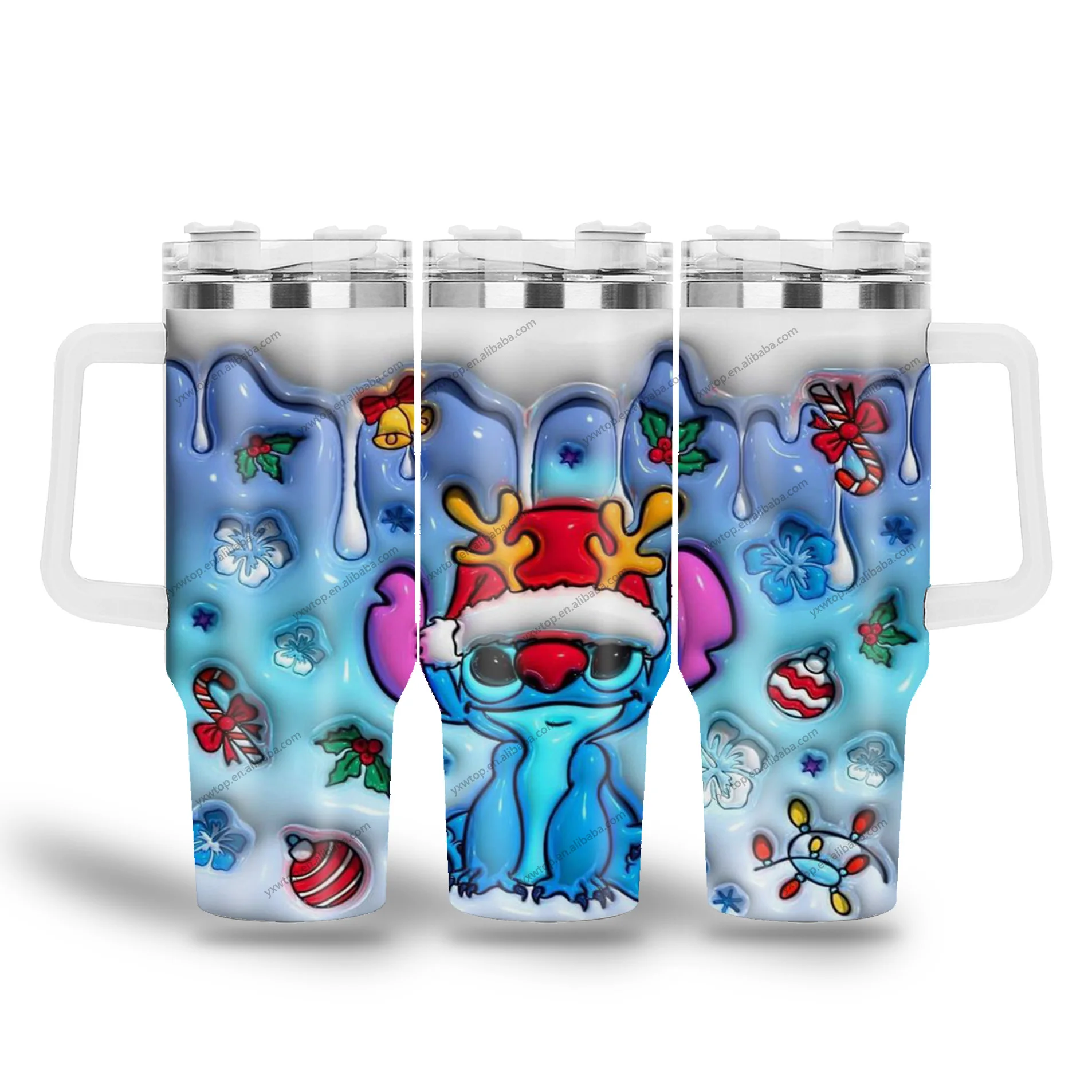 custom 3d Inflation Grin Christmas Cartoon stitch  character Stainless Steel 40oz Vacuum Insulated flask Tumbler with straws