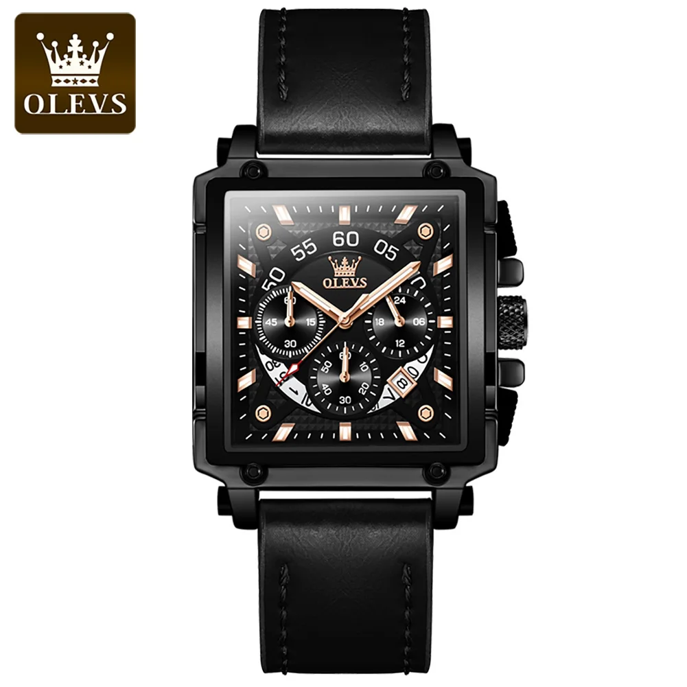 OLEVS-9919 New Luxury Men Quartz Leather Watches Square Shell Horizontal Three Eye Calendar Men Waterproof Wristwatches