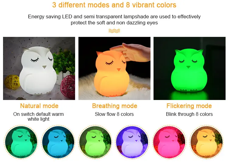 RTS Lamp Rechargeable Touch Light Silicone Night Light Cute Owl Sublimation Color Changing Night Light for Kids Room