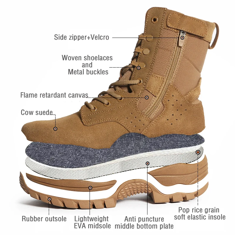 Tronyond Outdoor Winter Classy Leather Brown Waterproof Hiking Boots Shoes Cow Suede Desert Tactical Boots With Side Zipper