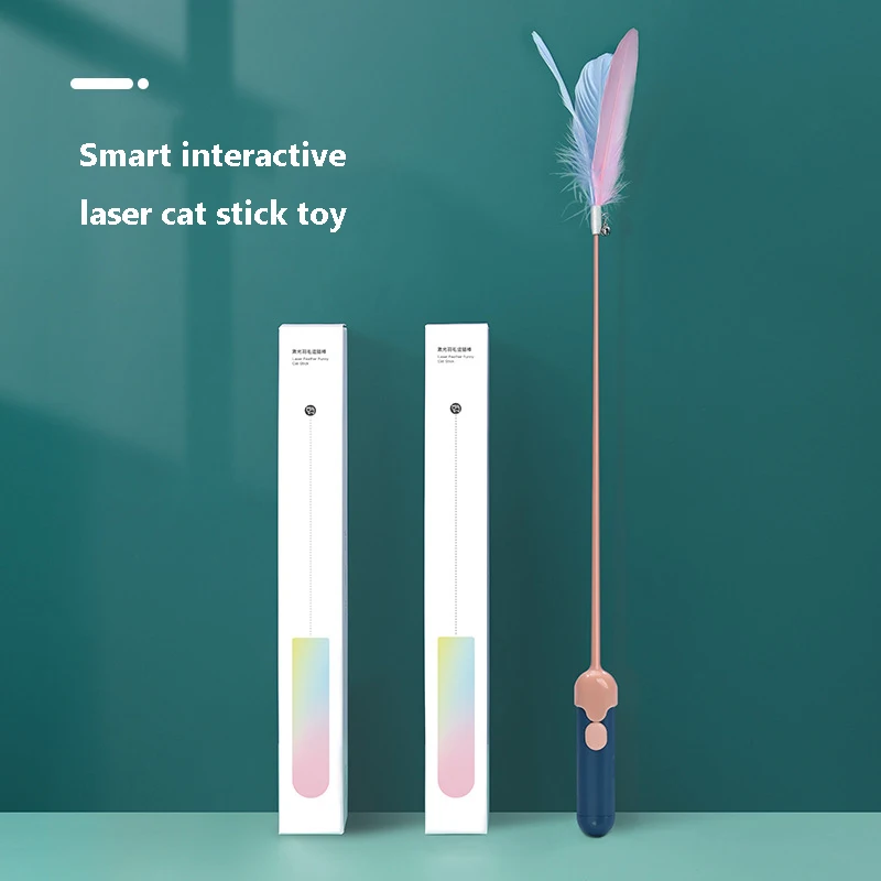 Smart pet toy interactive laser cat stick toy with feather laser pointer cat teasing toys with pole