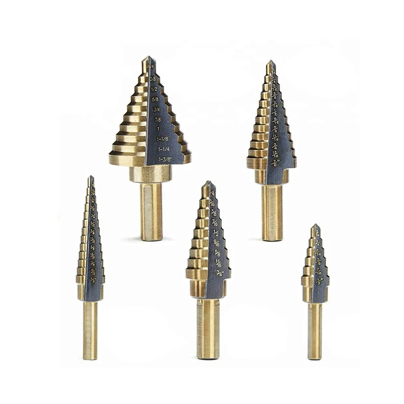 
M35 6Pcs Case Aluminum High Speed Coated Titanium Hss Spiral Step Conical Drill Bit Set 