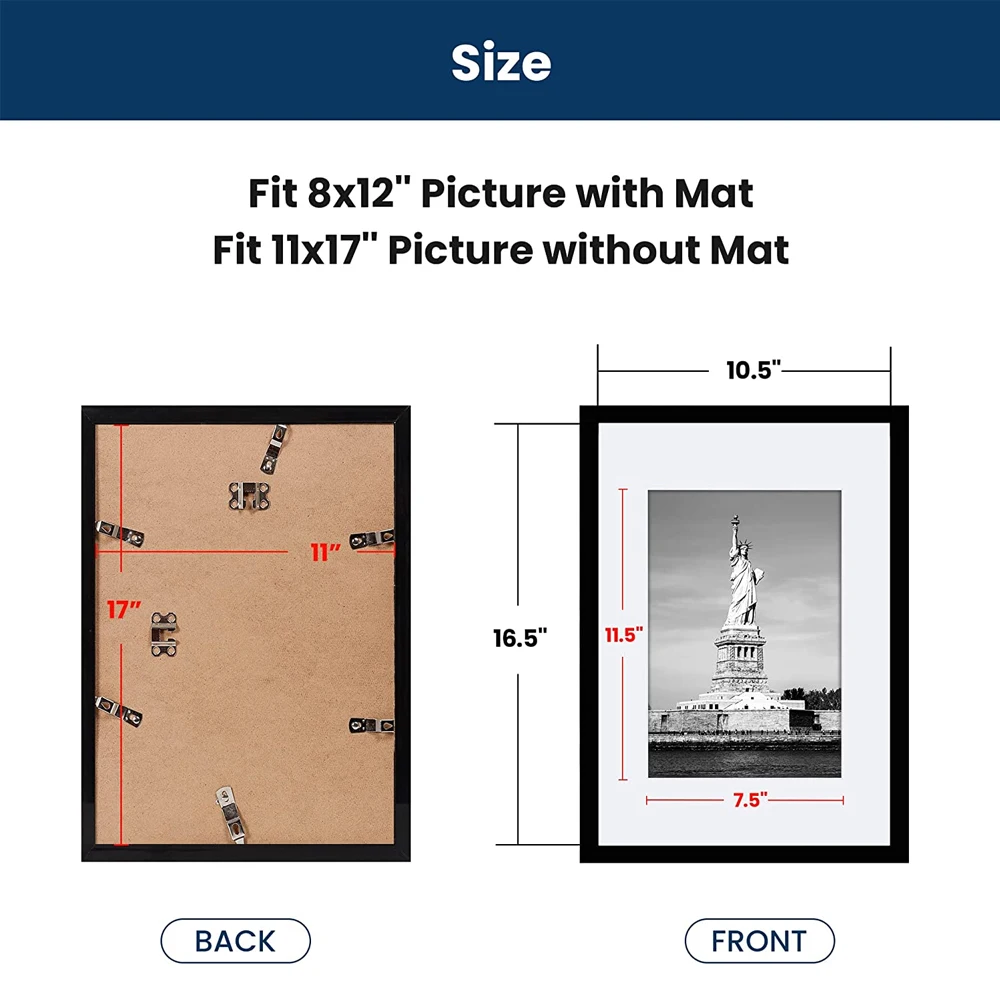 11x17 Frames Picture Black Poster Frame Display 8x12 with Mat or 11x17 Without Mat