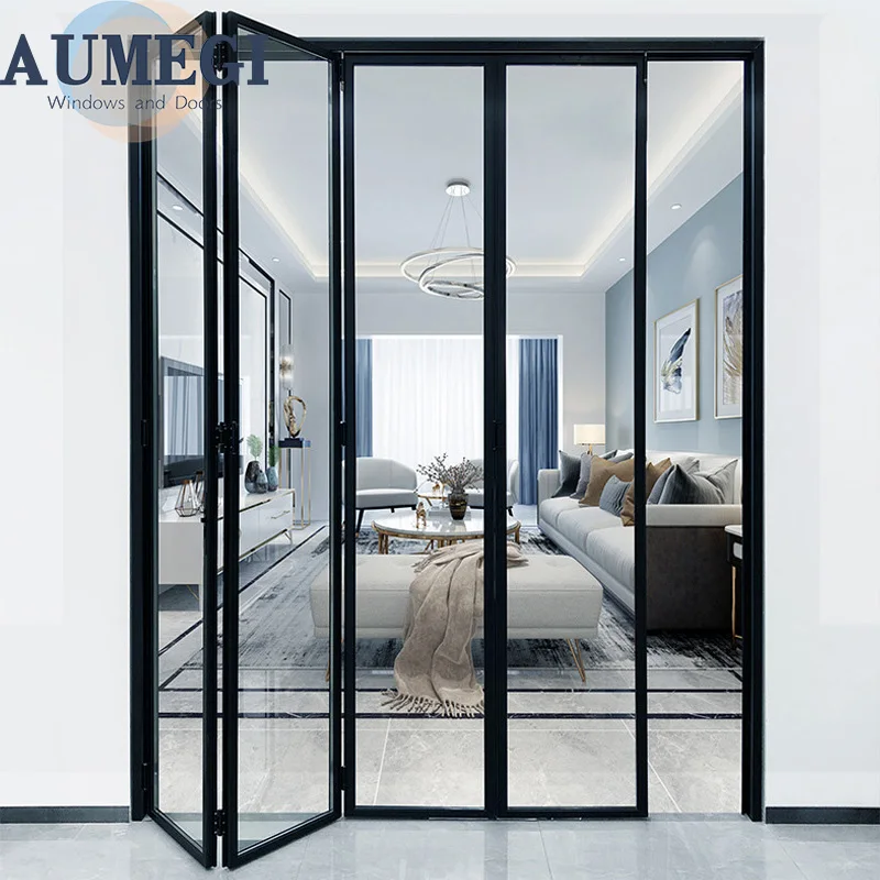 Aumegi Best Selling Frosted Glass Slim Frame Accordion Folding Interior Bifold Door