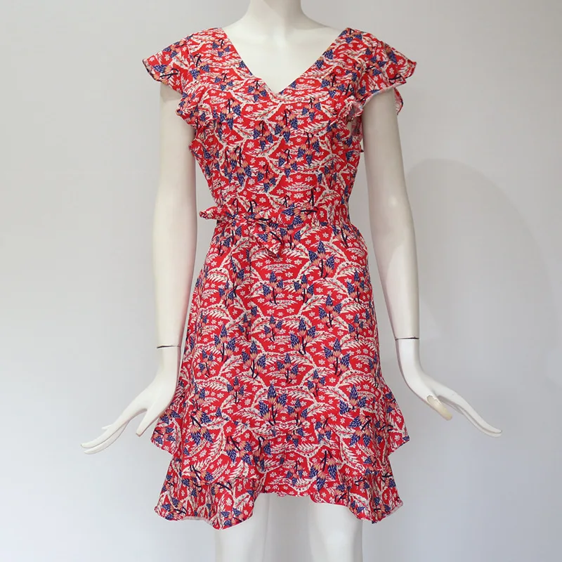 
Womens Sexy Casual Summer Butterfly V Neck Sleeve Red Floral Dress 