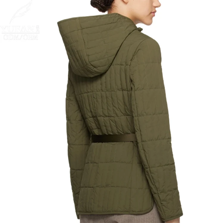 Yufan Custom fashion style warm down jacket waterproof fabric slim puffy belt green down jacket coats for women