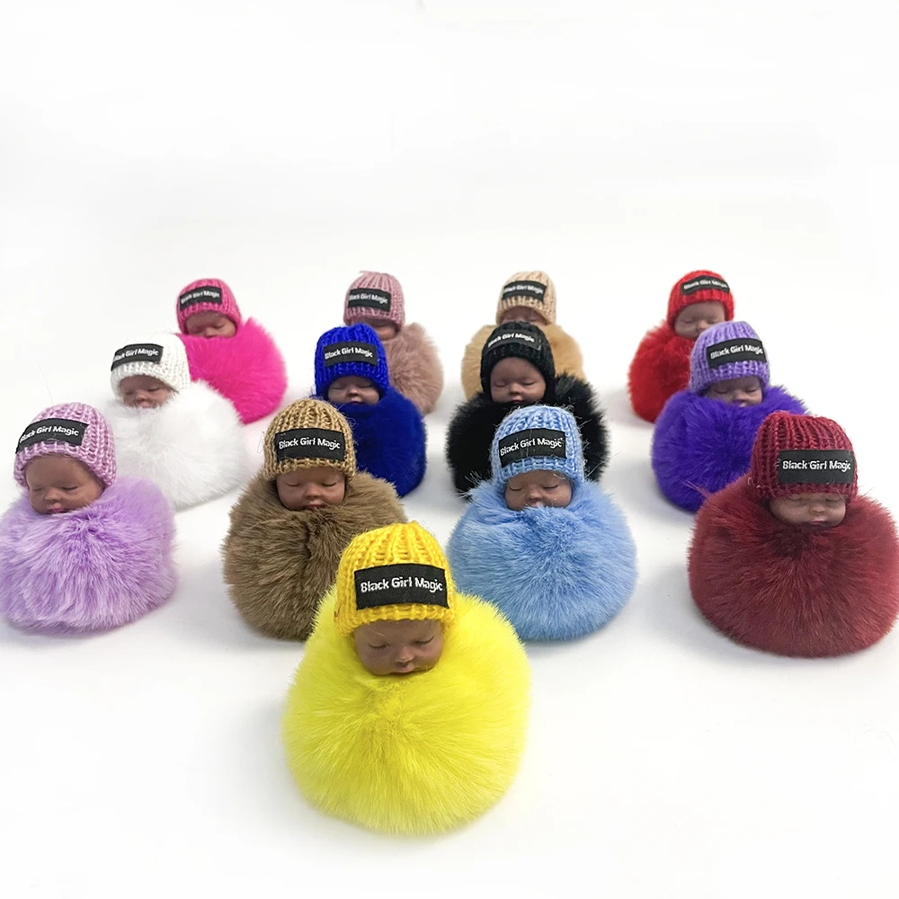 Cute Doll Pendant Furry Puff Ball Keychain  Sleeping Baby Pom Pom Keychain