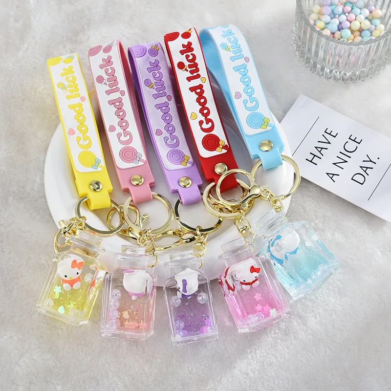 Cartoon KT cat Liquid milk tea cup keychain cute  keychain kawaii girl bag pendant acrylic quicksand car key chain