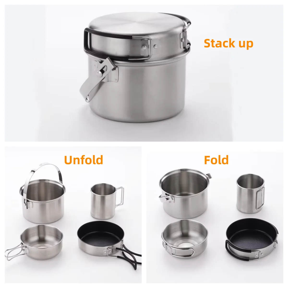 Outdoor Stainless Steel Portable Camping Cookware Kettle Pot and Pans 3pcs Set Outdoor Picnic Camping Cooking Kettle Hanging Pot