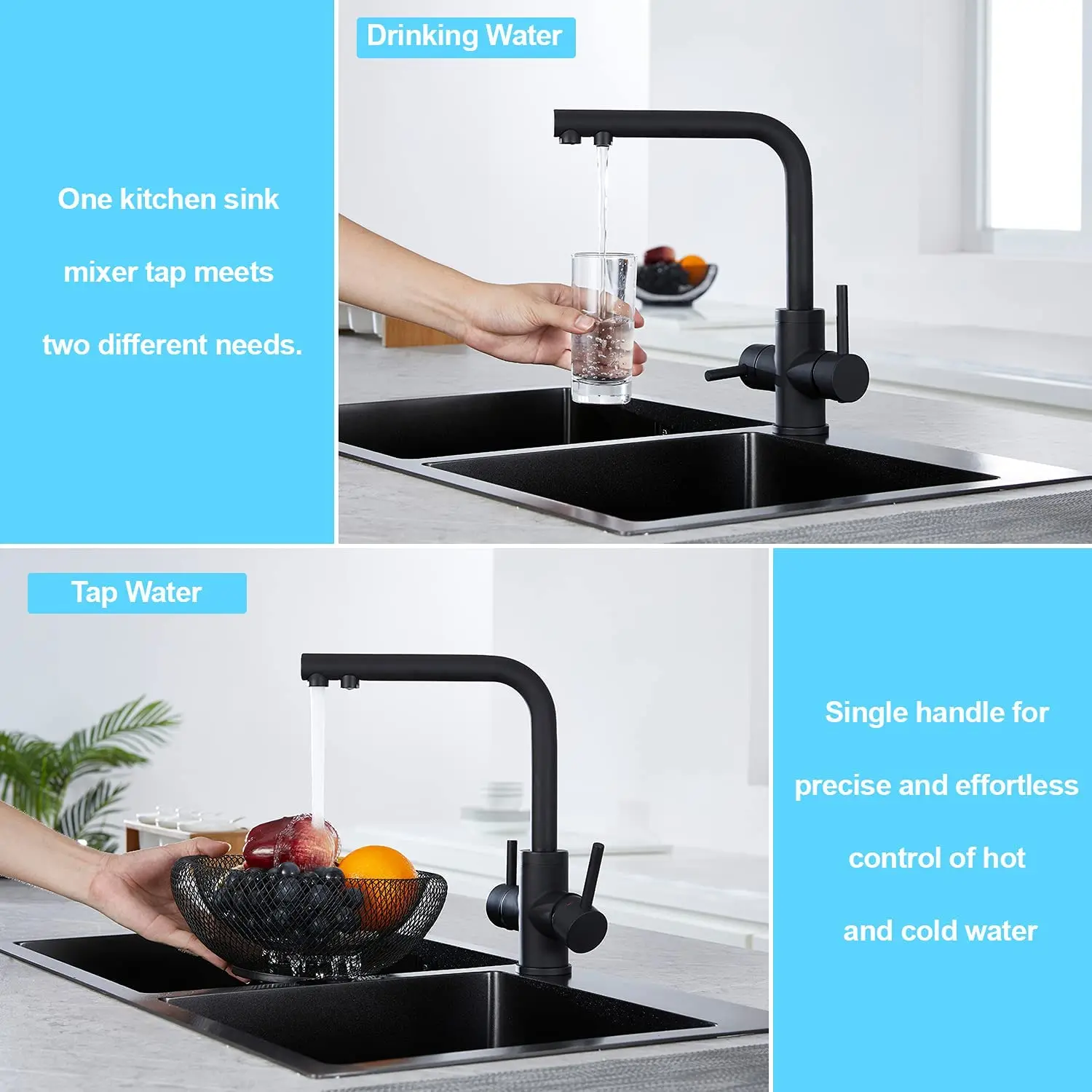 3-Way Black 360 Rotatable Kitchen Tap 3-in-1 Mixer Tap Kitchen for Water Filter Drinking Water Tap with 2 Levers Three-Way
