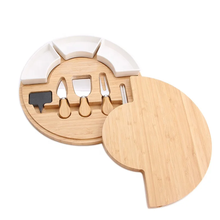 Rotatable hot selling bamboo cheese cutting board knife set with 3 pieces ceramic dipping bowl