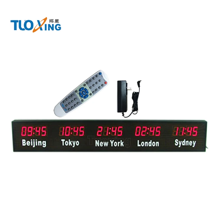 Large digital alpha-numeric led clock multi time zone