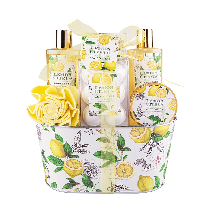 Home Spa Gift Basket Lemon Luxury Bath & Body Set For Women and Men Contains Bubble Bath Bath Bomb Handmade Weaved Basket