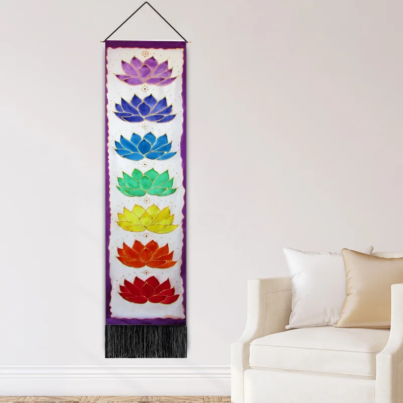 51.2X12.8 Inches Indian Hippie Buddha Wall Decor Seven Lotus Long Tapestry Vertical Wall Hanging with Tassel