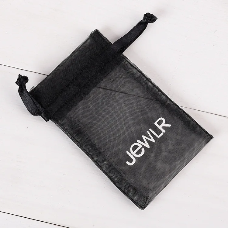 
Personalized costmetic jewelry gift packaging organza drawstring pouch black custom with white print organza bags logo 