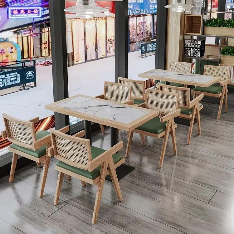 Modern Internet Famous Shop Southeast Asian Style Rattan Wood Design Restaurant Sofa Booth Dining Table And Chair Set