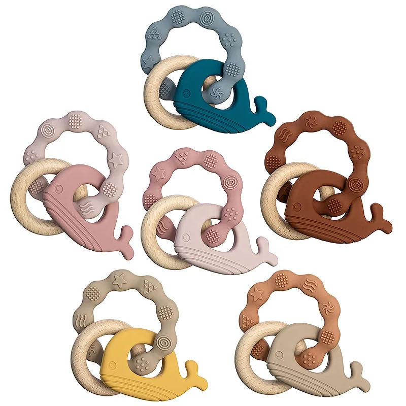 Newborn Gift Food Grade Bpa Free Wooden Funny Animal Baby Bracelet Ring Chew Toy Wristband Wrist Wood Silicone Teether