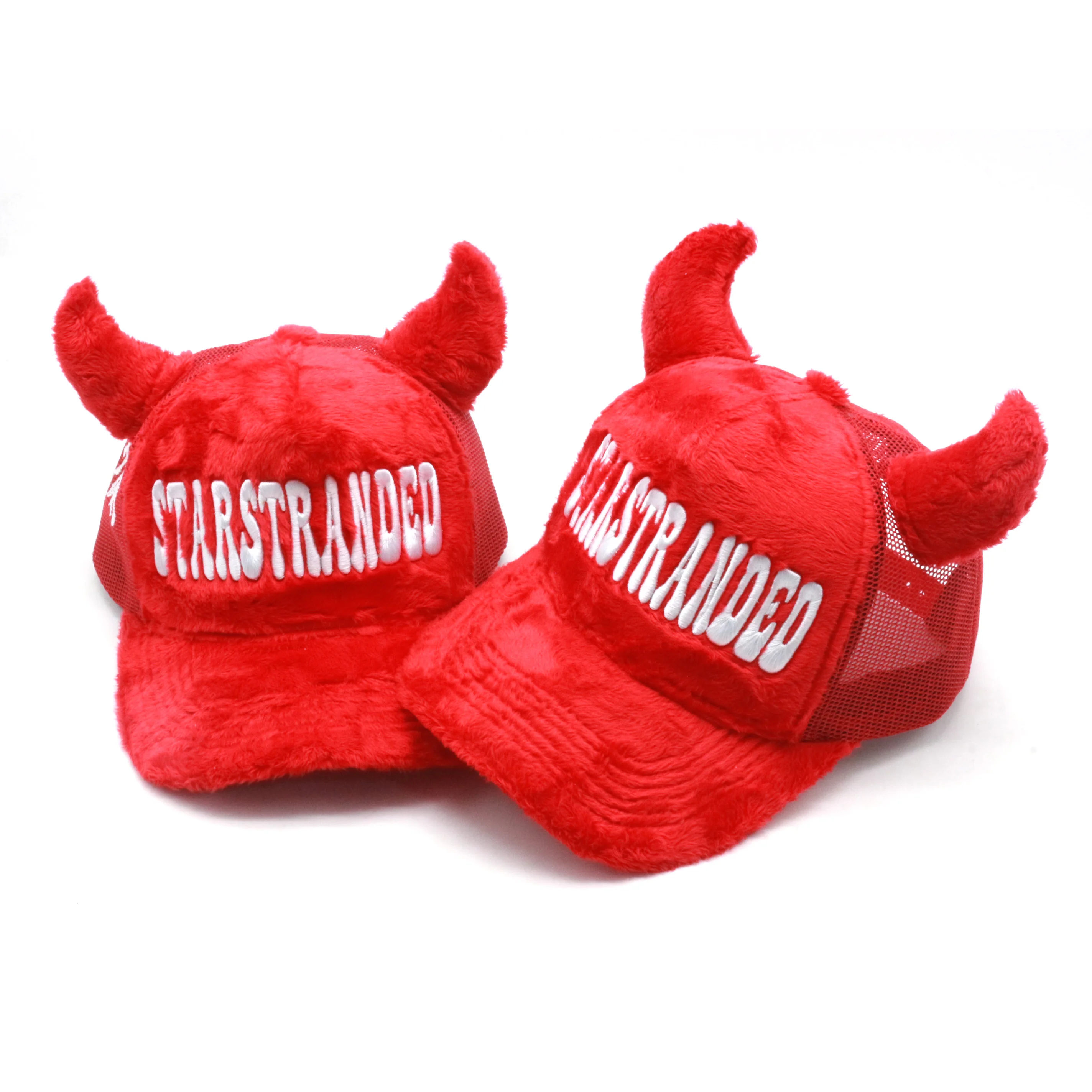 Cute person customized devil trucker hat fuzzy velvet trucker hat caps with horn wholesale