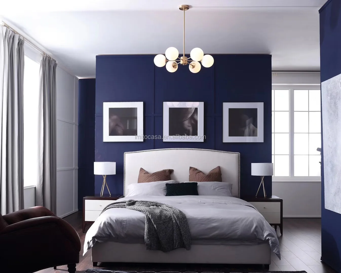 Amazing American Modern Home Furniture Blue Velvet Upholstered King Size Bed High-class Bedroom Set Elegant Fabric Double Bed