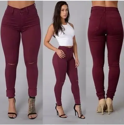Women Thin high waist elastic white yellow pencil jeans
