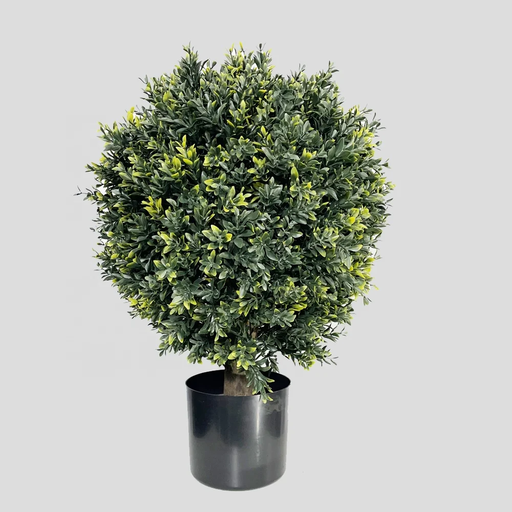 artificial boxwood single ball topiary in wood truck with black plastic pot uv protected outdoor and indoor plant