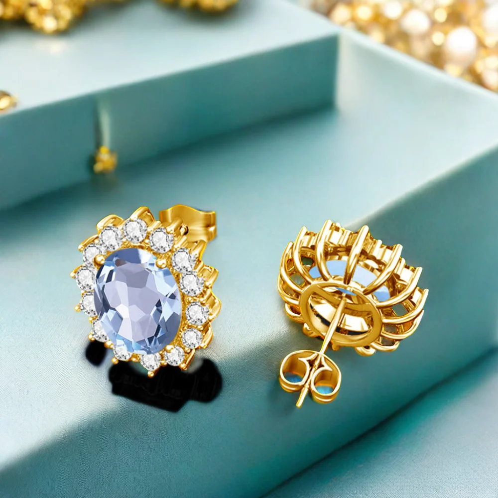 Luxury Cocktail Party Sunflower Design bijoux Oval Aquamarine Sterling Silver 14k gold plated silver stud earrings for women