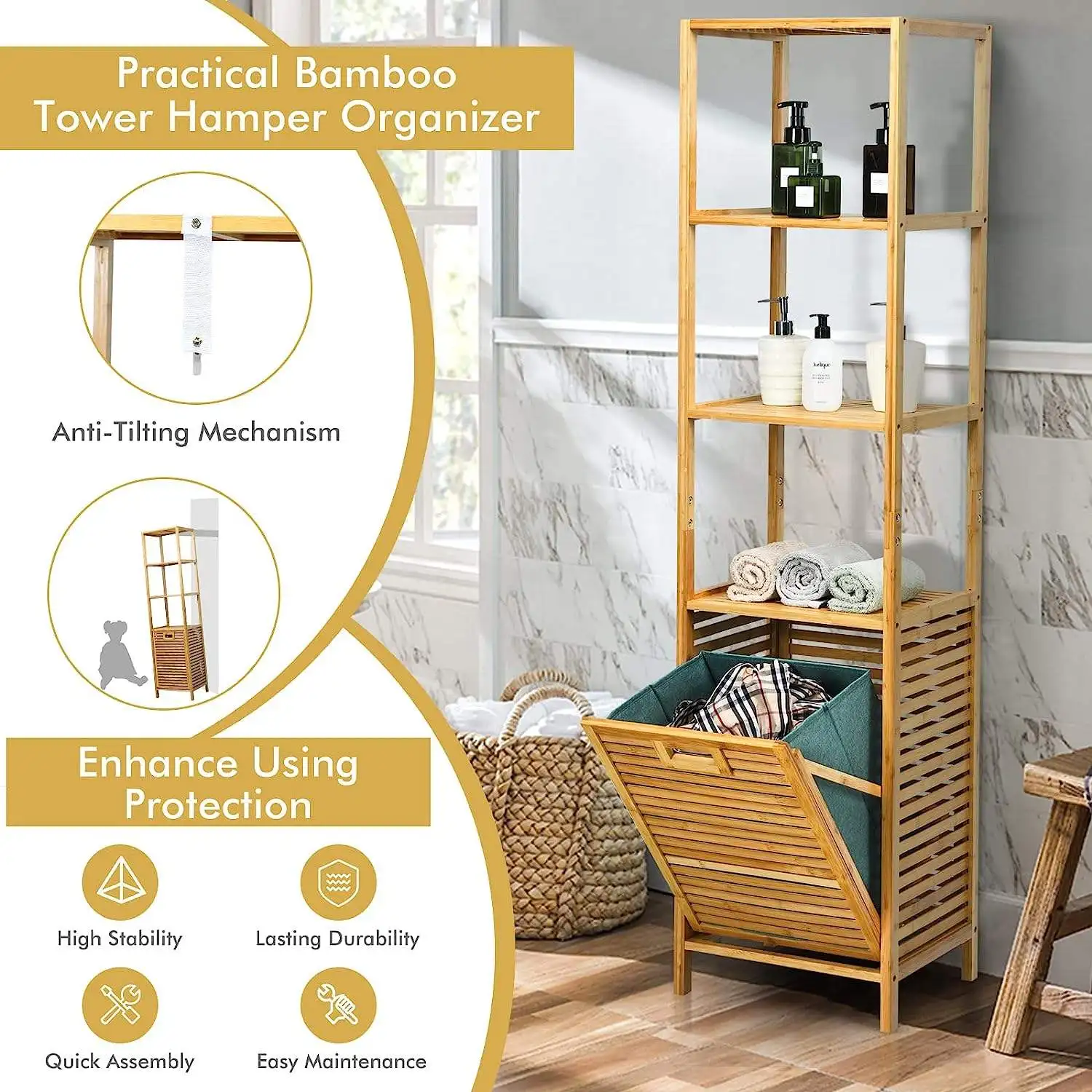 JQ Customized 2 3 4 Layer Bamboo Dirty Laundry Tilting Separate Laundry Hampers Laundry Basket for Bathroom