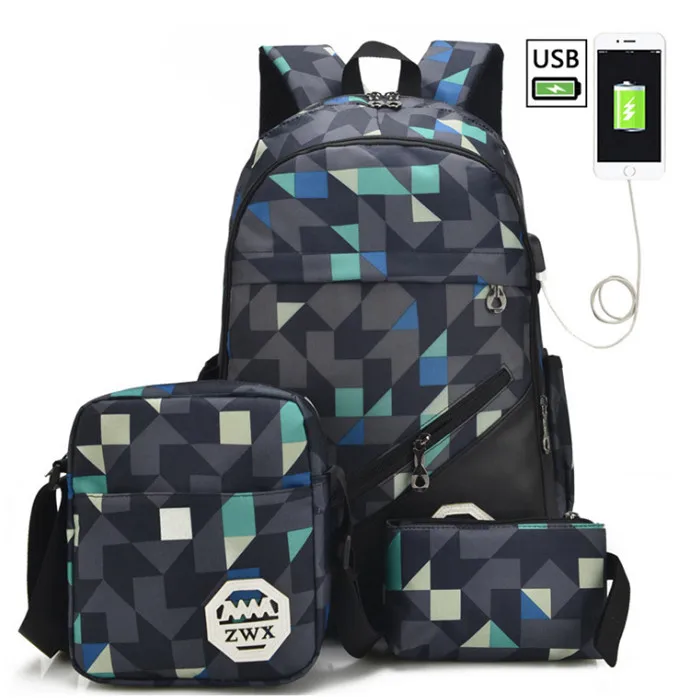 New three piece laptop set backpacks Oxford boys and girls outdoor waterproof usb backpacks set