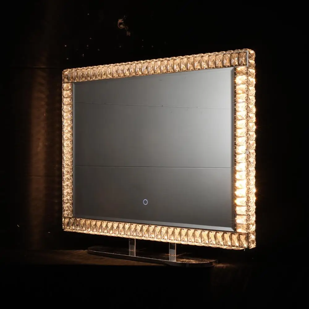 2021 Hot Sale Rectangle Shape Desktop LED Chrome Crystal Standing Mirror For Makeup Using