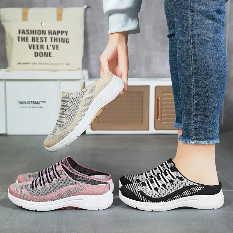 women sandals with soft soles fly woven breathable summer Half-trawl outdoor sport slippers light weight flat shoes for ladies