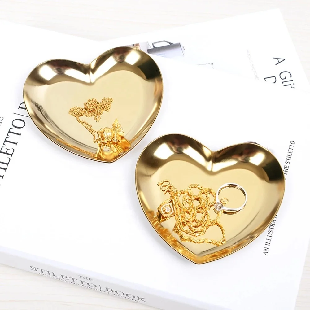 Ins Popular Rose Gold Colorful Metal Stainless Steel Plate Mini Heart Shaped Jewelry Packaging Trays