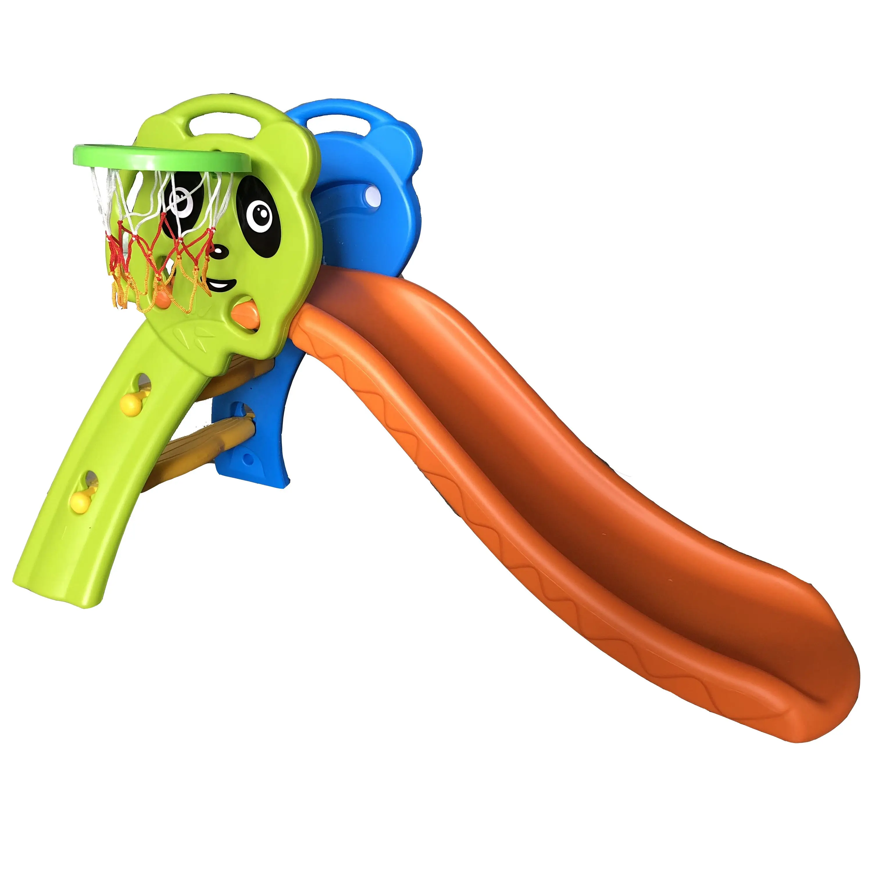 Wholesale Cute Kids Slides Indoor Plastic Playground Equipment Hot Sale Protecting Fold Slide With Basket Hoop