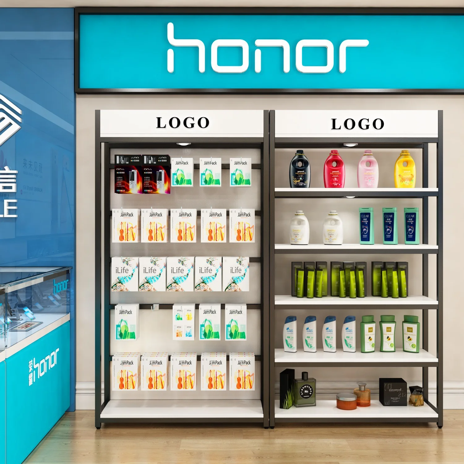 Factory direct hot pop wooden metal shelves miniso can customize supermarket display shelves