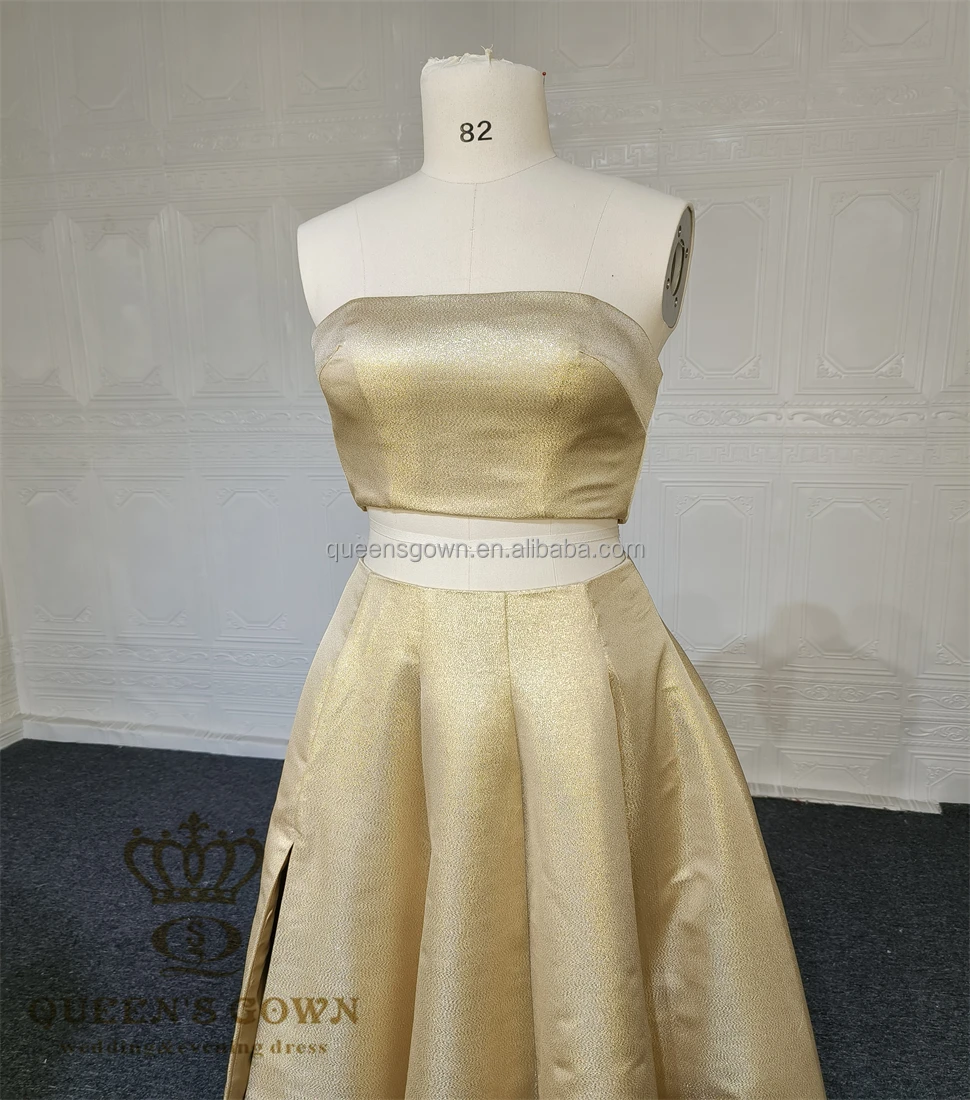 QUEENS GOWN Custom Made Strapless Two Pieces Party Dress Classic Golden Glitter A-line Slit Evening Dress