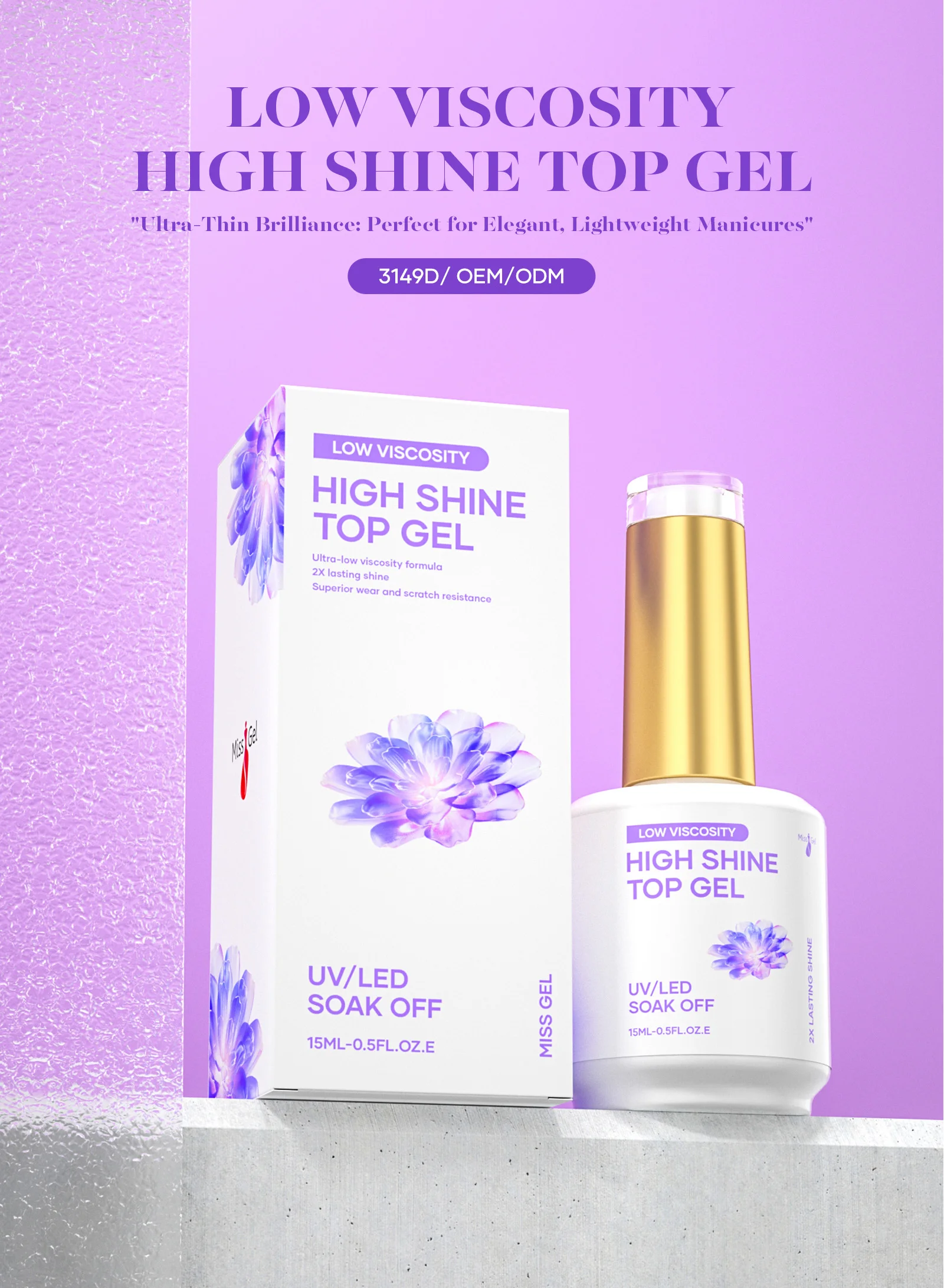 MissGel No Wipe Low Viscosity High Clear Super Shining Gel Crystal Top Coat Hema Free Gel Polish For Nail Art