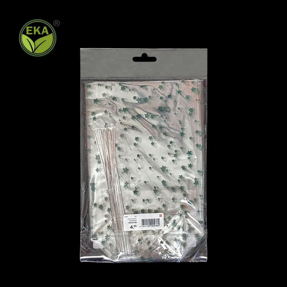 Custom Logo Christmas Transparent Cellophane Flat Bottom Food Bags Opp Clear Plastic Candy Bag With Twist Tie