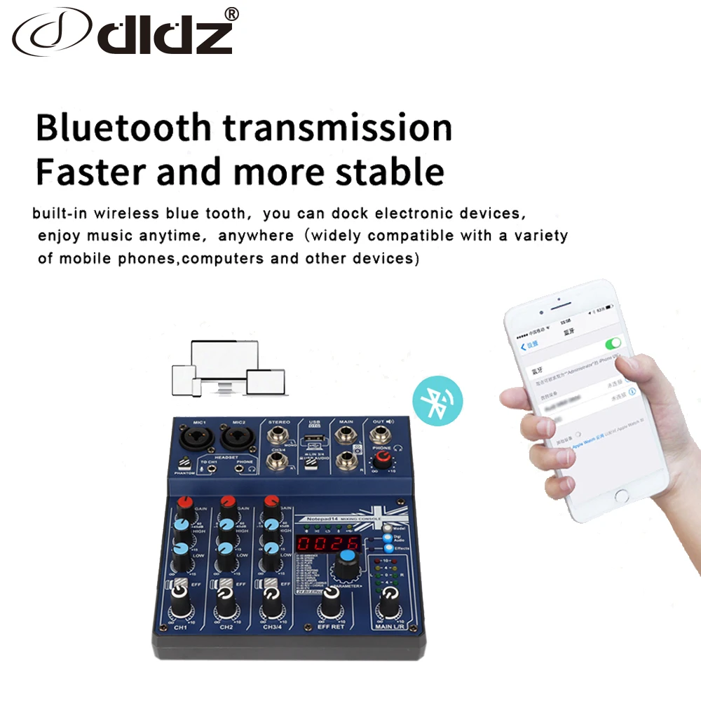 Dldz 4 канала портативный профессиональный звук музыки DJ микшер с BT USB интерфейс 48В блок питания и
