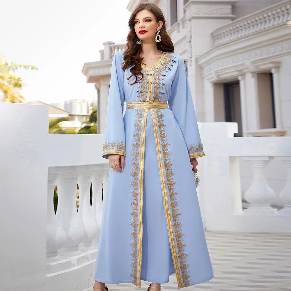 Eid Blue Maxi Dress Hand Stitched Diamond V-Neck Long Sleeves with Belt Muslim Abaya Dress indian & pakistani clothing
