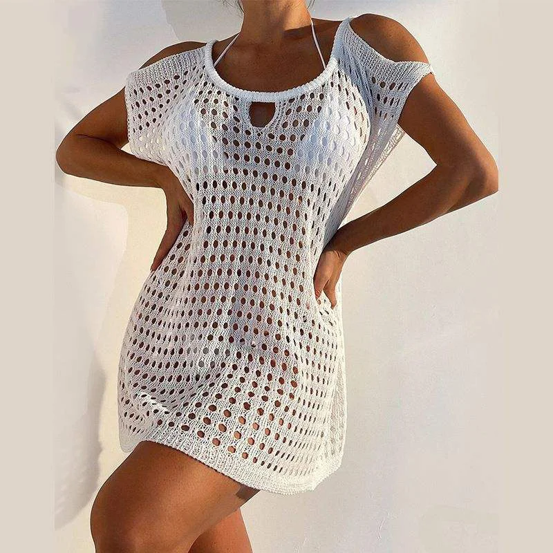 Oem Custom Hollow Out Cut-out Dot V-neck Button Knitted Summer Beach Sundress Elegant Sexy Casual Mini Dress Women